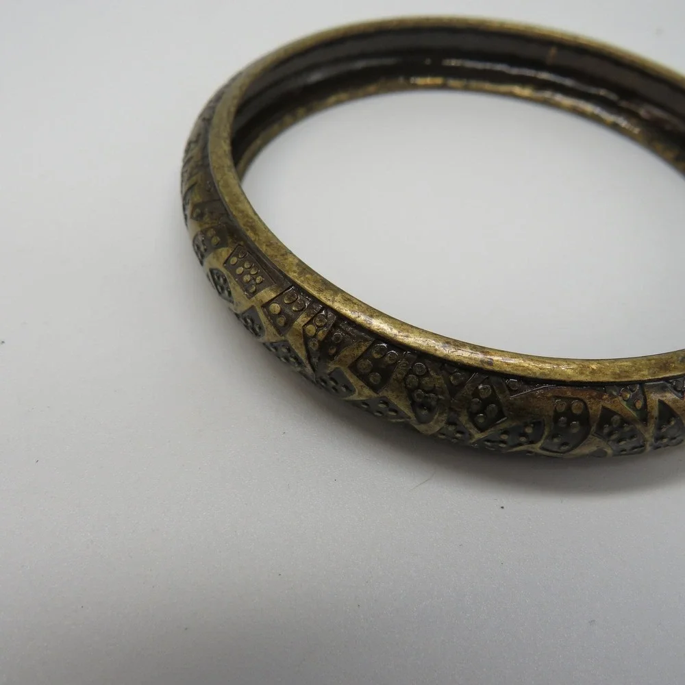 Vintage Antique Gold Tone Geometric Embossed Bangle Bracelet Boho Statement